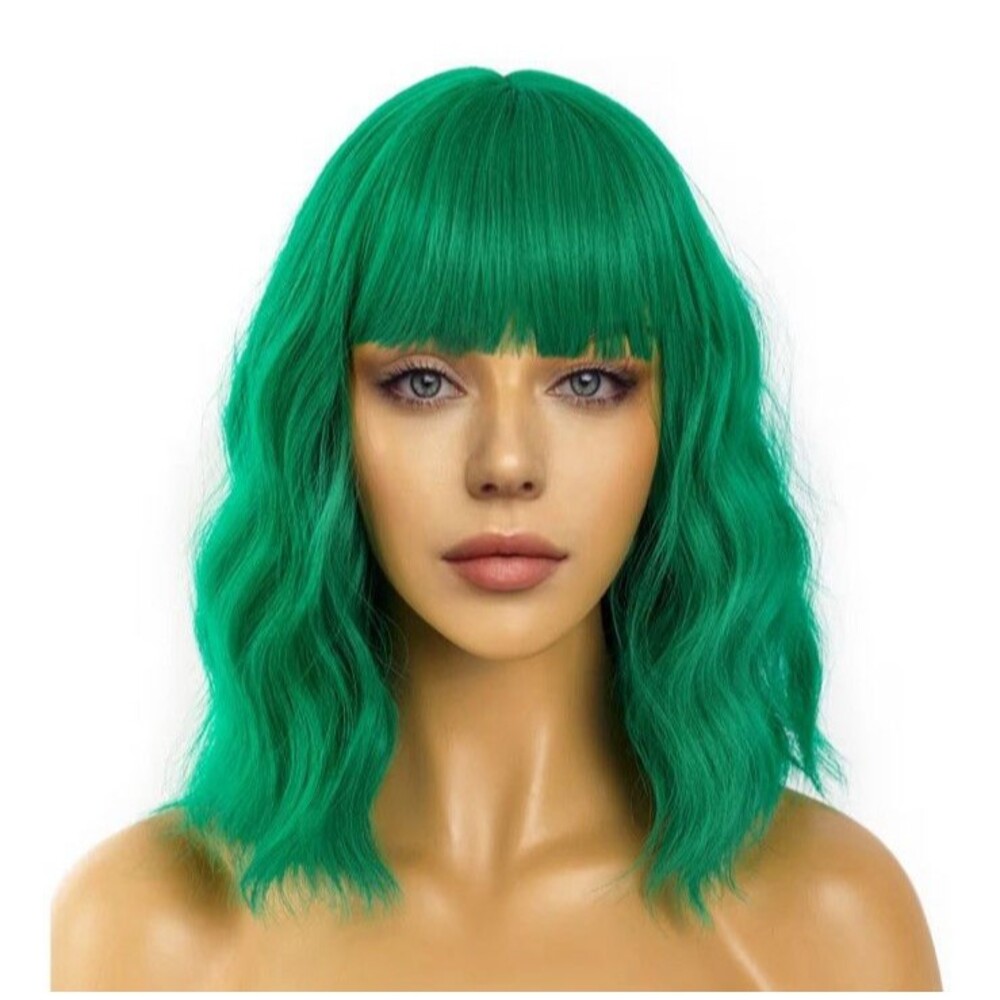 Short Bob Wigs with Bangs Loose Wavy Wig Curly Wavy Shoulder Length Green